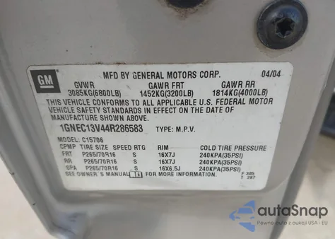 2004 Chevrolet Tahoe Ls из США, поврежденный, VIN 1GNEC13V44R286583